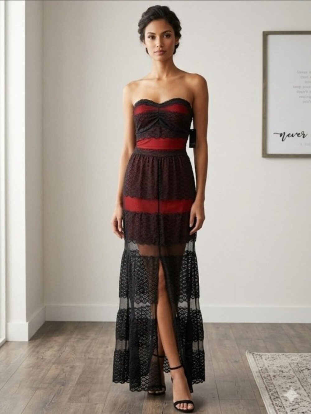 GUESS ASOTV Sheer Lace Strapless High Slit Sweetheart Black Red Maxi Drwss XS